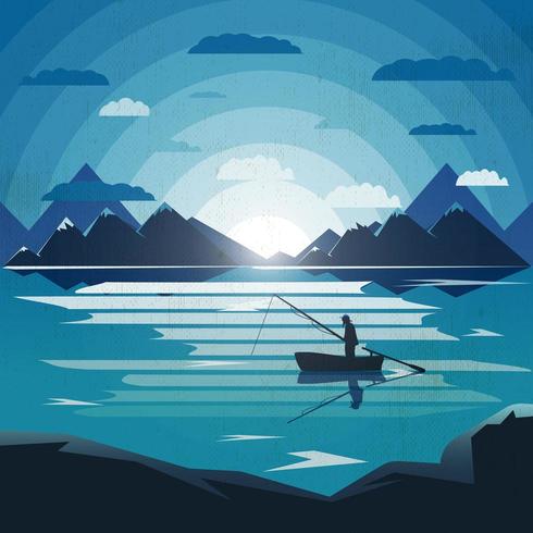 Illustration de paysage avec un seul pêcheur dans le lac vecteur