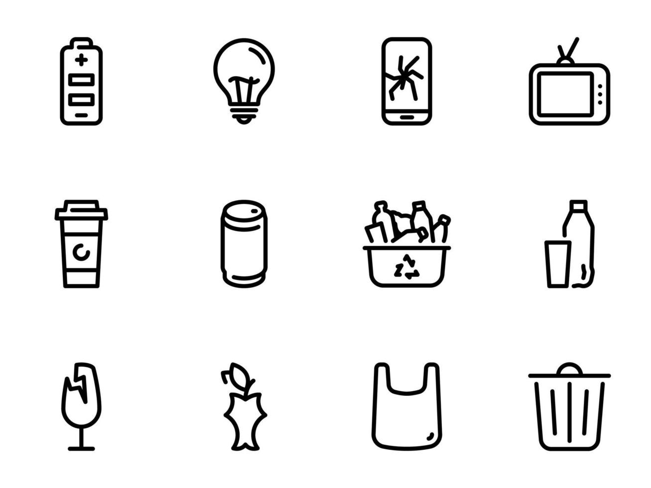 ensemble d'icônes vectorielles noires, isolées sur fond blanc, sur le thème de la séparation des déchets domestiques et du tri des déchets vecteur
