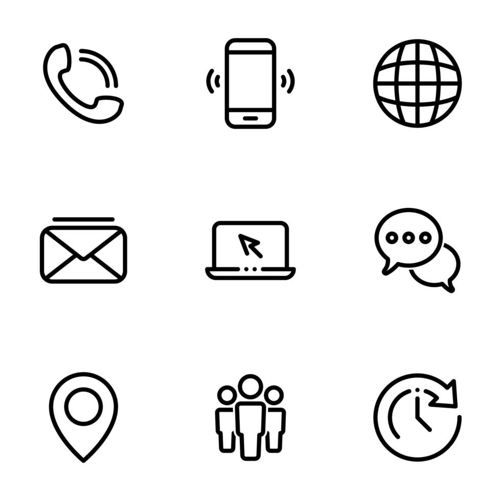 ensemble d'icônes noires isolées sur fond blanc, sur le thème contactez-nous vecteur