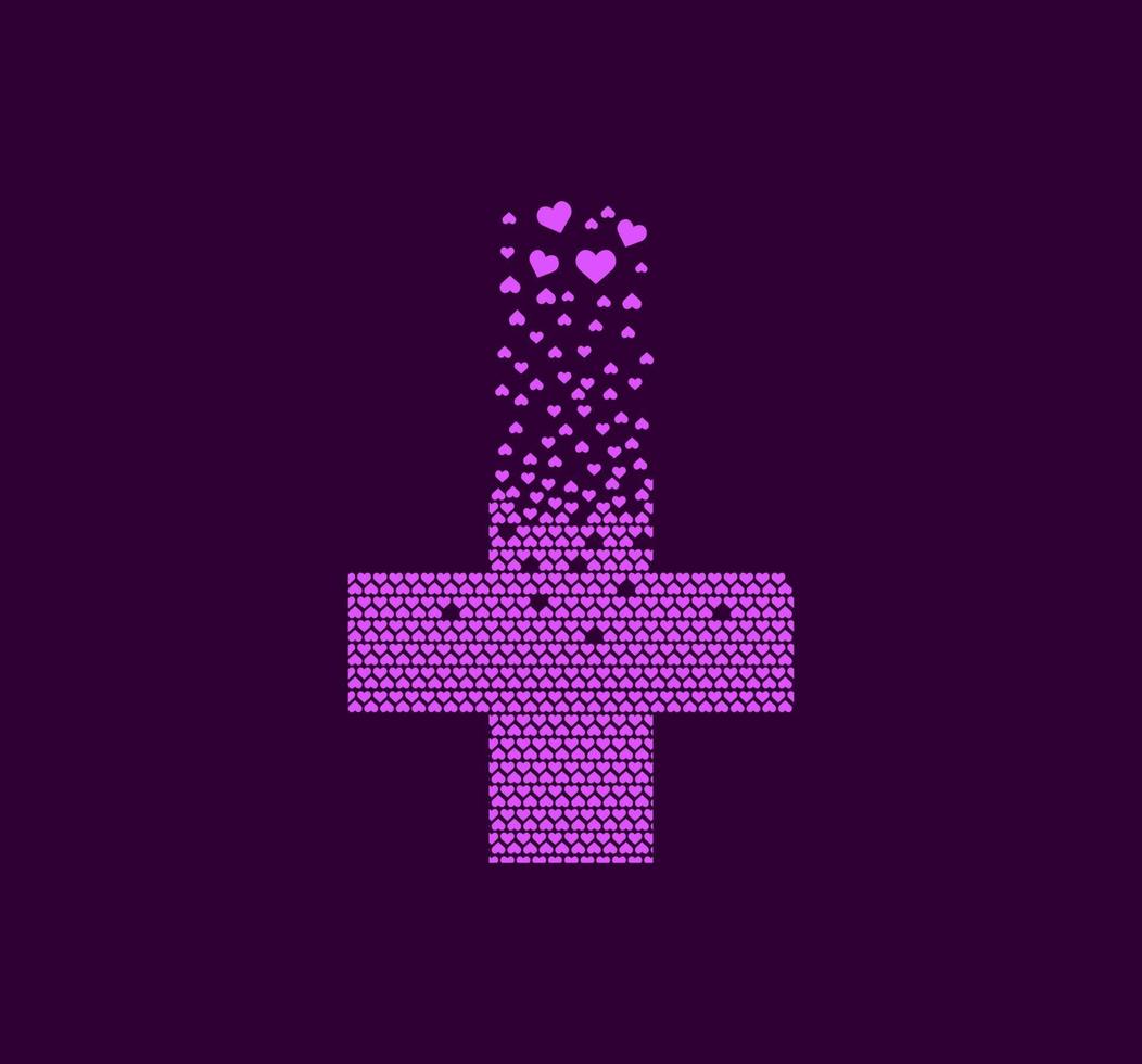 coeur avec signe plus, logo pixel dots. symboles de premiers secours, de pharmacie et de soins de santé. coeur signe pixel vers le haut. les cœurs sont remplis d'un signe d'intérêt. mouvement de pixel complémentaire et intégratif. vecteur