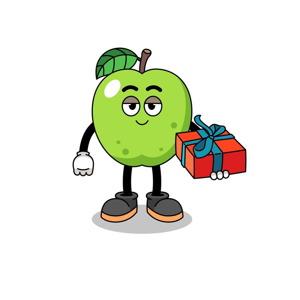 illustration de mascotte de pomme verte donnant un cadeau vecteur