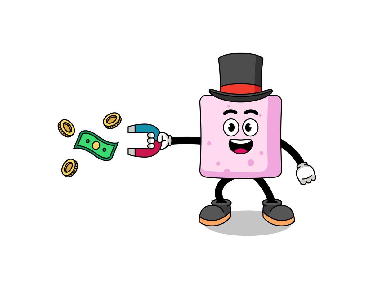 illustration de caractère de guimauve attraper de l'argent avec un aimant vecteur