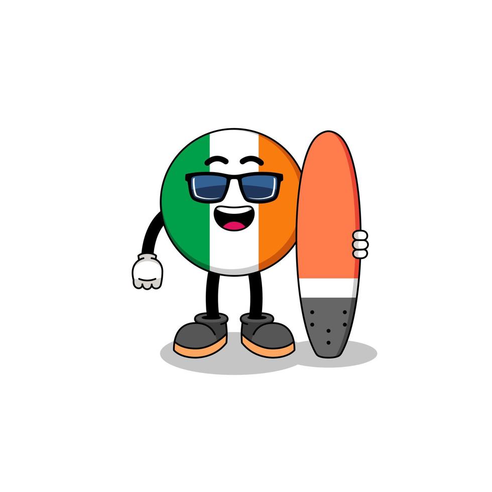 caricature de mascotte du drapeau irlandais en tant que surfeur vecteur