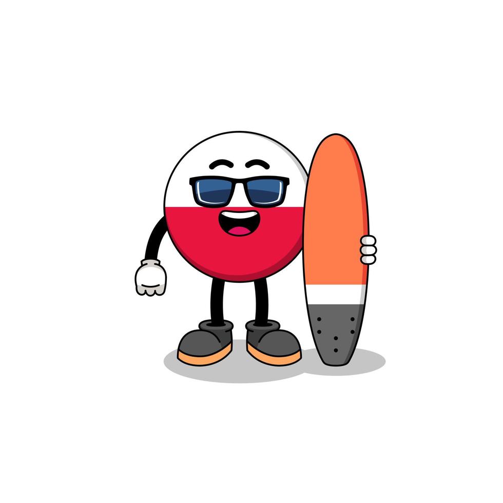 caricature de mascotte du drapeau de la pologne en tant que surfeur vecteur