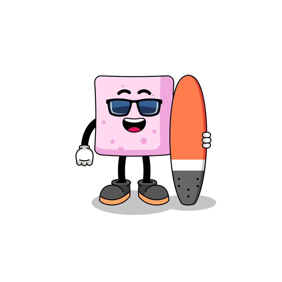 caricature de mascotte de guimauve en tant que surfeur vecteur