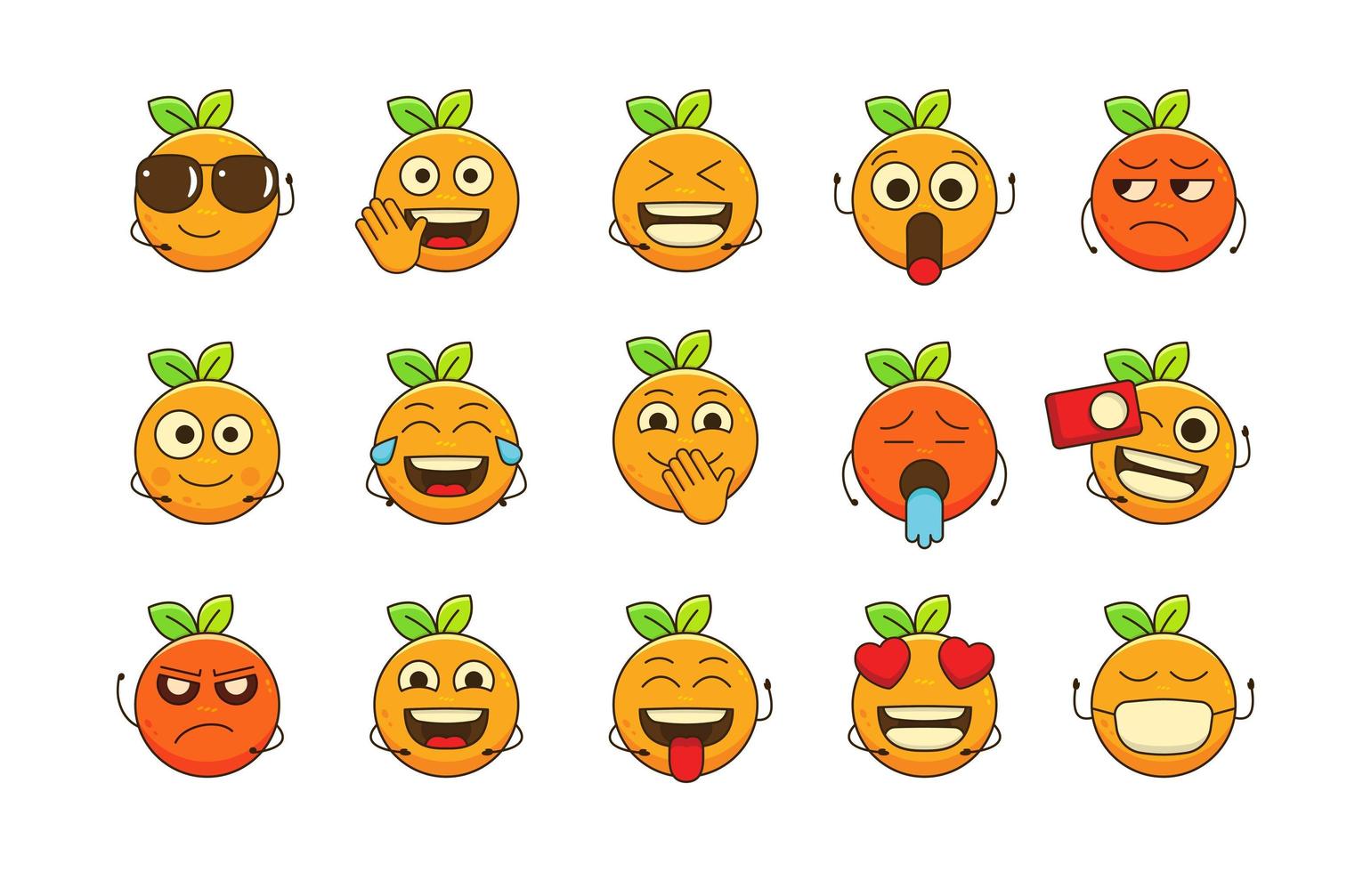 ensemble de vecteurs d'émoticônes orange printcute, expression faciale emoji orange pour la publication et la réaction sociales, illustration de dessin animé orange dans un sentiment différent vecteur