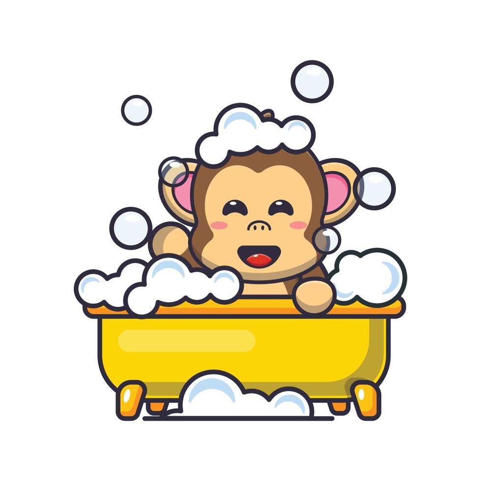 Singe mignon prenant un bain moussant dans une illustration vectorielle de dessin animé de baignoire vecteur
