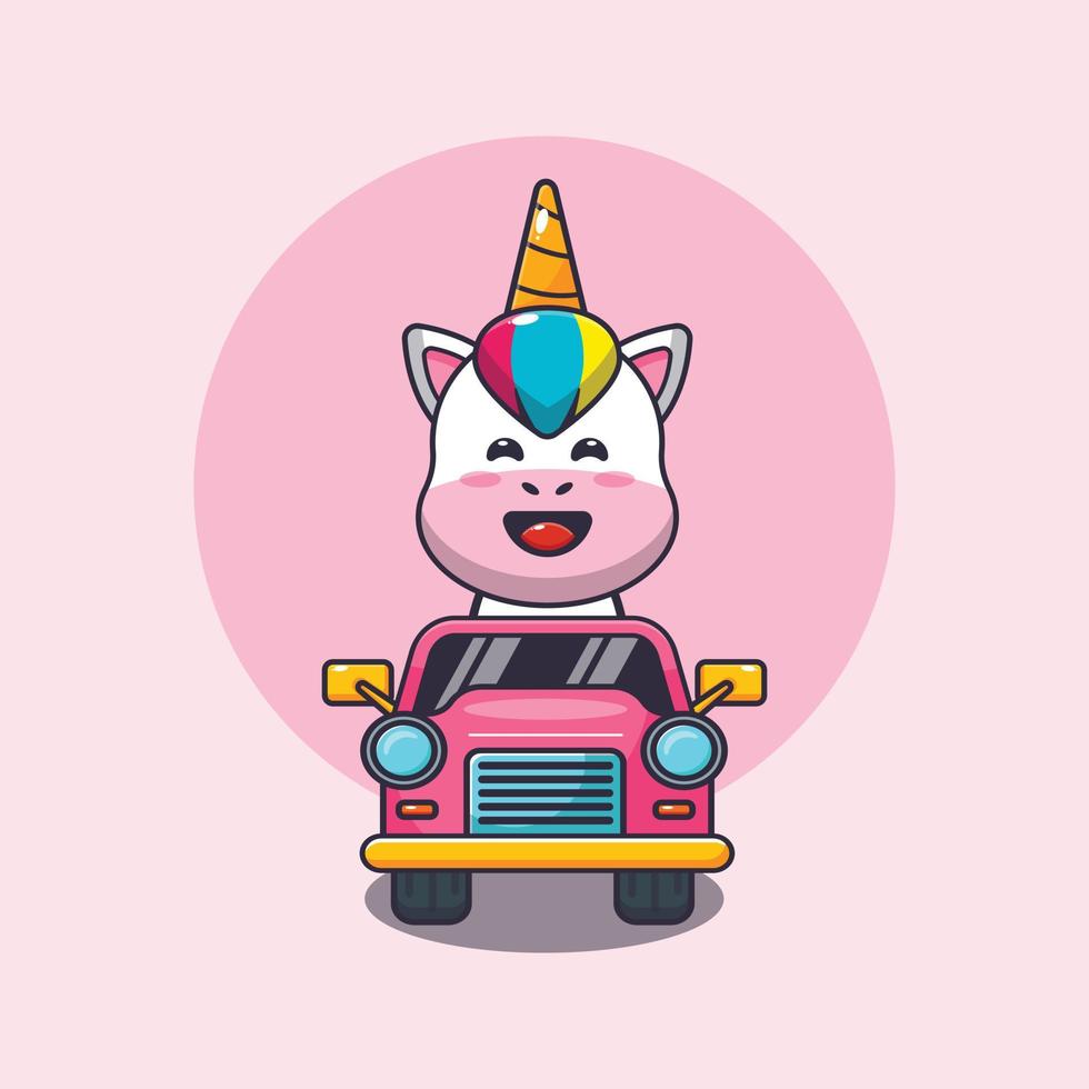 personnage de dessin animé de mascotte de licorne mignon monter sur la voiture vecteur