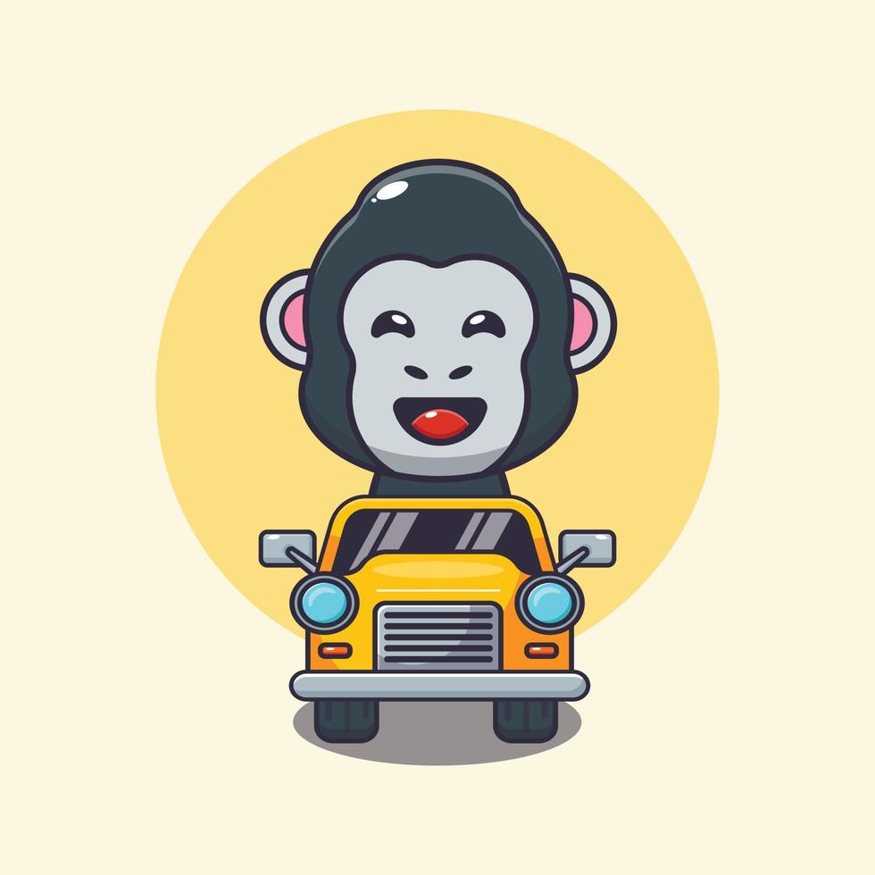 personnage de dessin animé de mascotte de gorille mignon monter en voiture vecteur