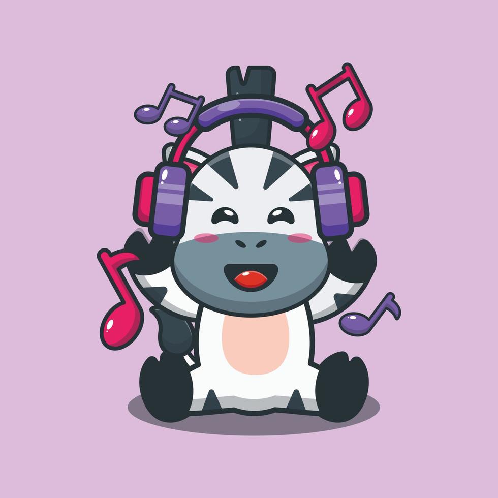 zèbre mignon écoutant de la musique avec illustration vectorielle de dessin animé de casque vecteur