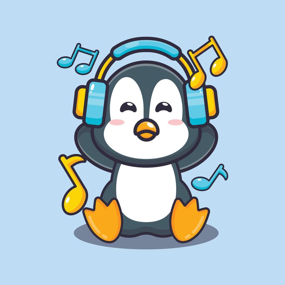 pingouin mignon écoutant de la musique avec illustration vectorielle de dessin animé de casque vecteur