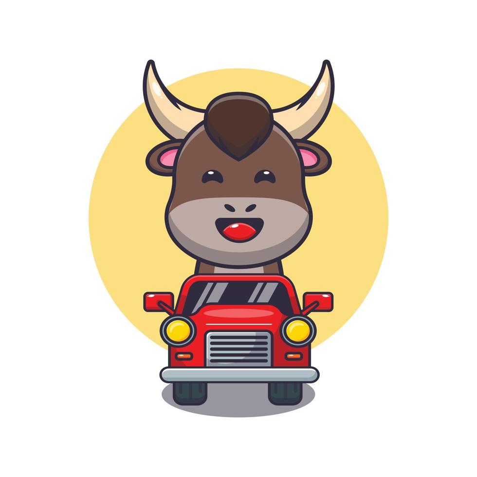 personnage de dessin animé de mascotte de taureau mignon en voiture vecteur