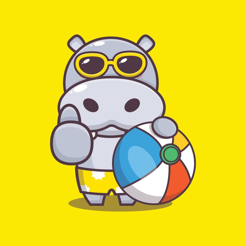 mignon, hippopotame, dessin animé, mascotte, caractère, dans, lunettes soleil, à, ballon plage vecteur