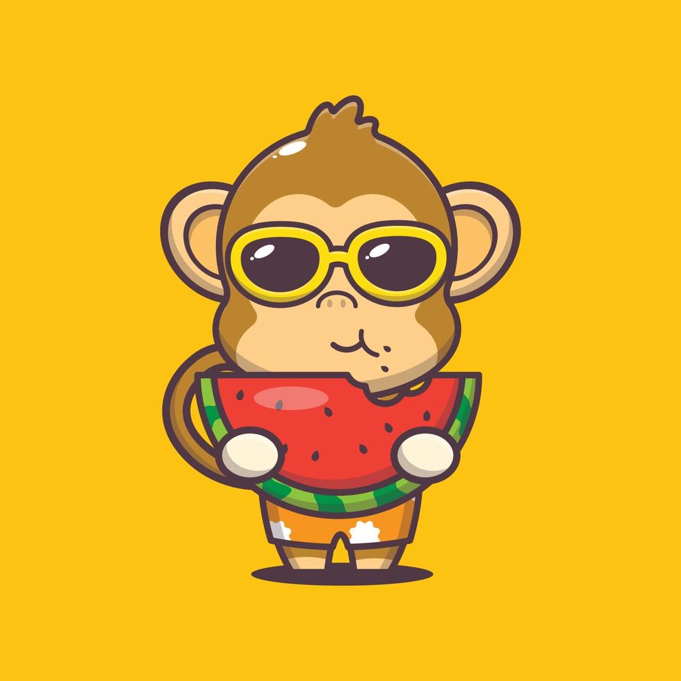 mignon, singe, dessin animé, mascotte, caractère, manger, frais, pastèque vecteur