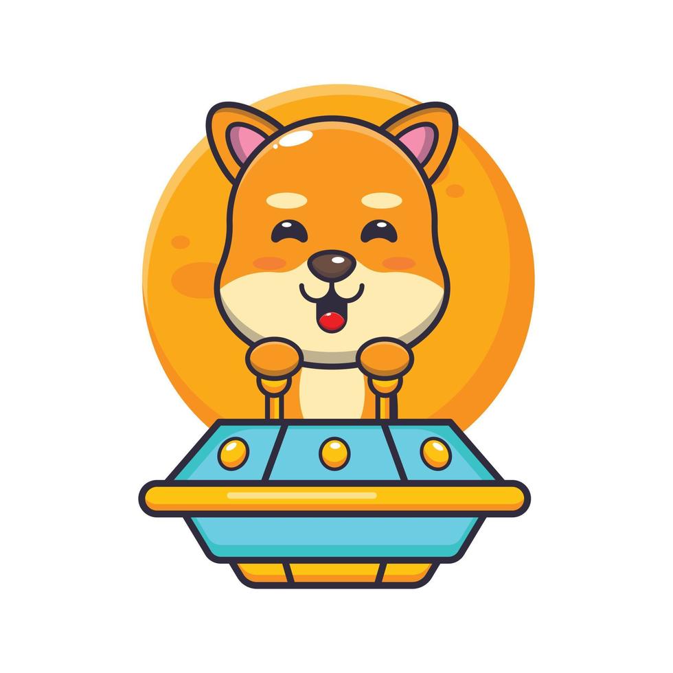 mignon, shiba inu, chien, mascotte, dessin animé, caractère, voler, à, ufo vecteur