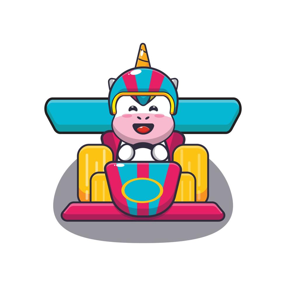 personnage de dessin animé de mascotte de licorne mignon chevauchant une voiture de course vecteur