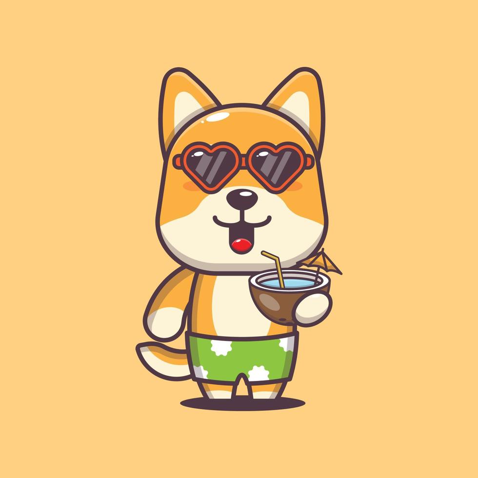 mignon, shiba inu, chien, dessin animé, mascotte, caractère, boisson, noix coco vecteur