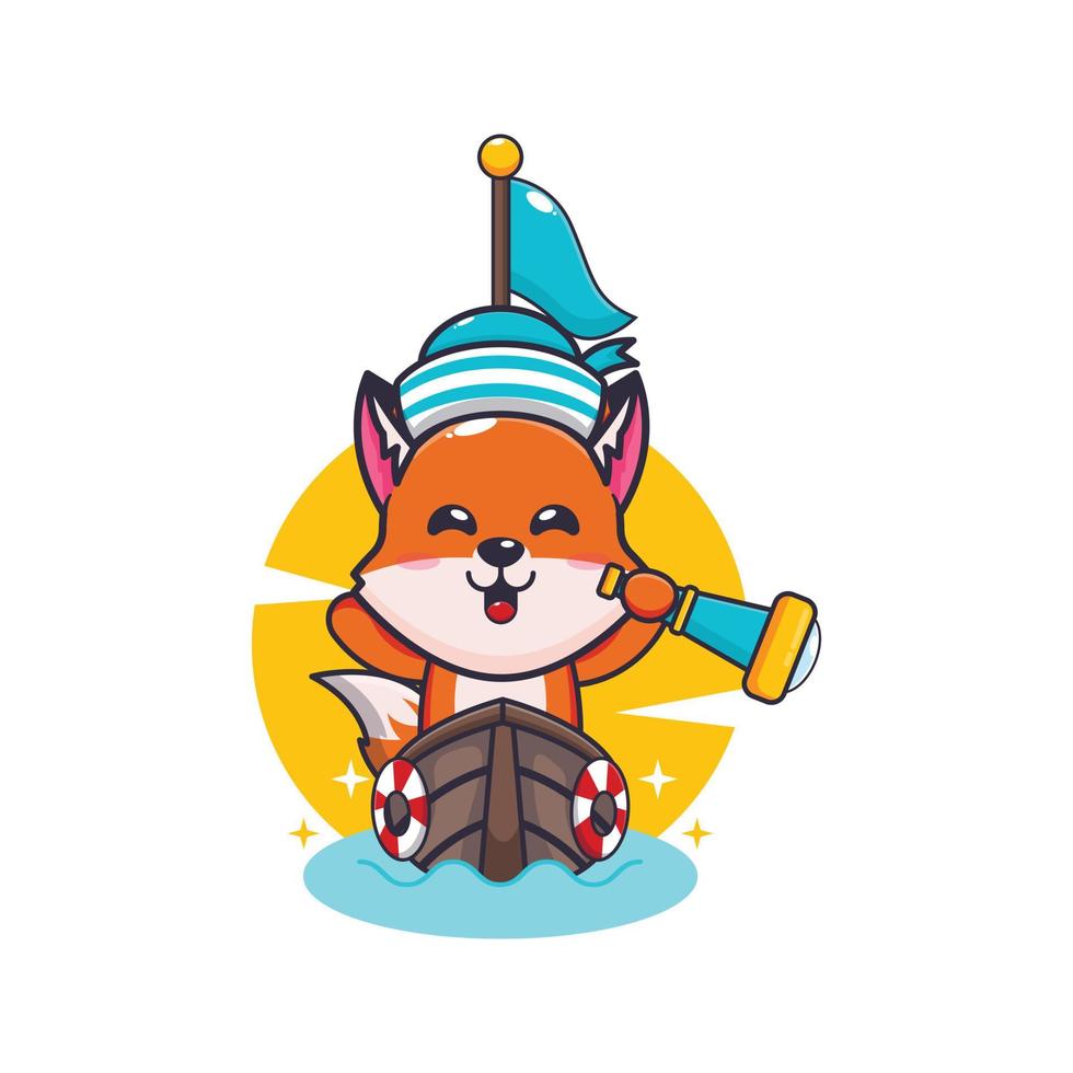 personnage de dessin animé de mascotte de renard mignon sur le bateau vecteur