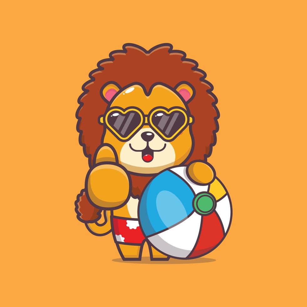 mignon, lion, dessin animé, mascotte, caractère, dans, lunettes soleil, à, ballon plage vecteur