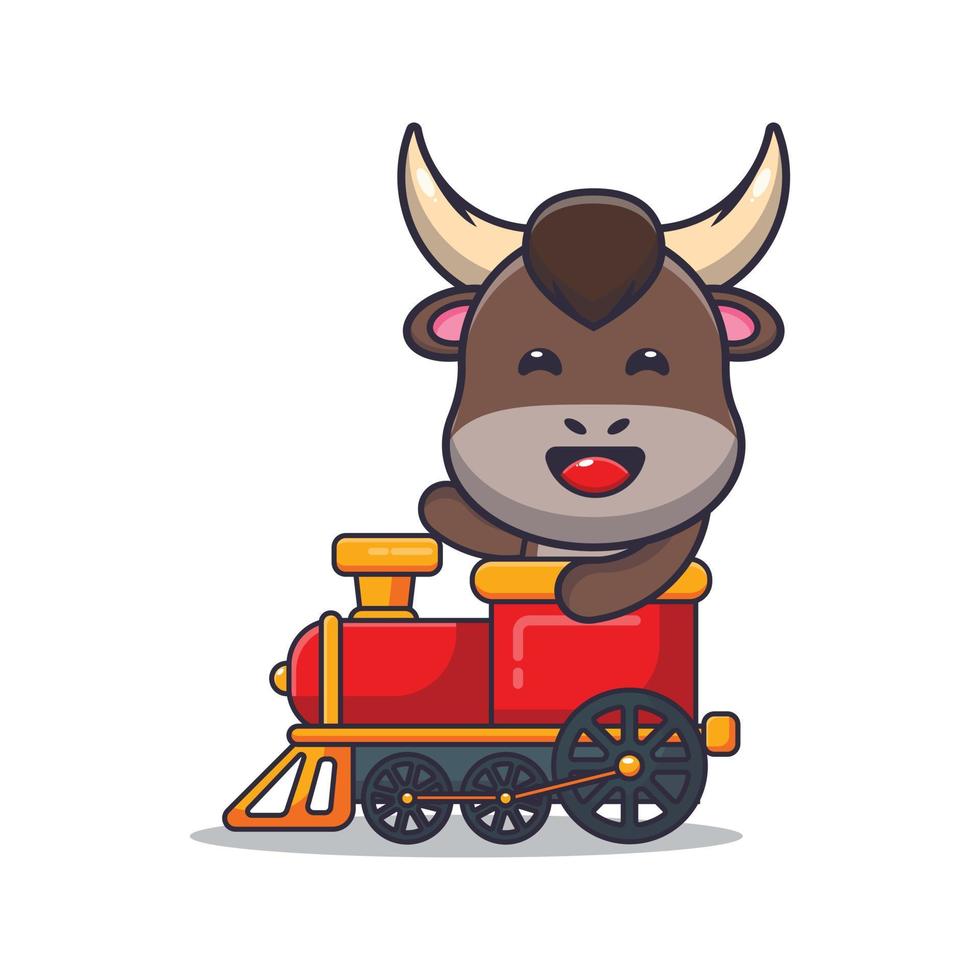 personnage de dessin animé de mascotte de taureau mignon dans le train vecteur