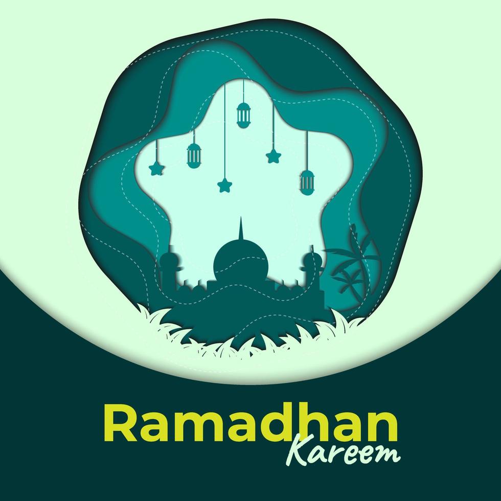 graphique vectoriel de carte de voeux de ramadan. avec des couleurs vertes et jaunes. et également en utilisant un style de papier découpé. parfait pour la publication sur les réseaux sociaux