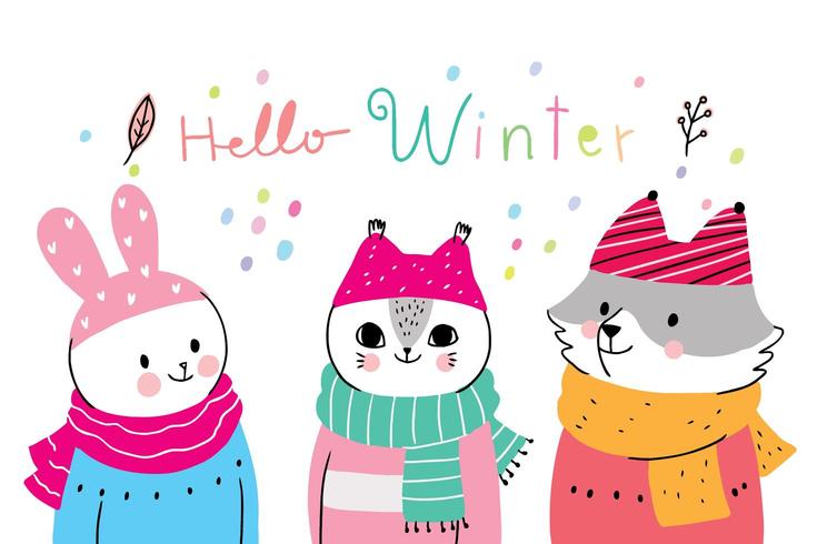 Bande dessinée animaux mignons hiver, vecteur de lapin et chat et renard.