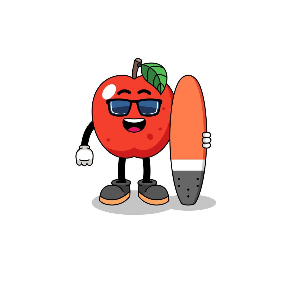 caricature de mascotte de pomme en tant que surfeur vecteur
