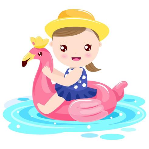 Fille jouant avec anneau de nage flamant rose vecteur