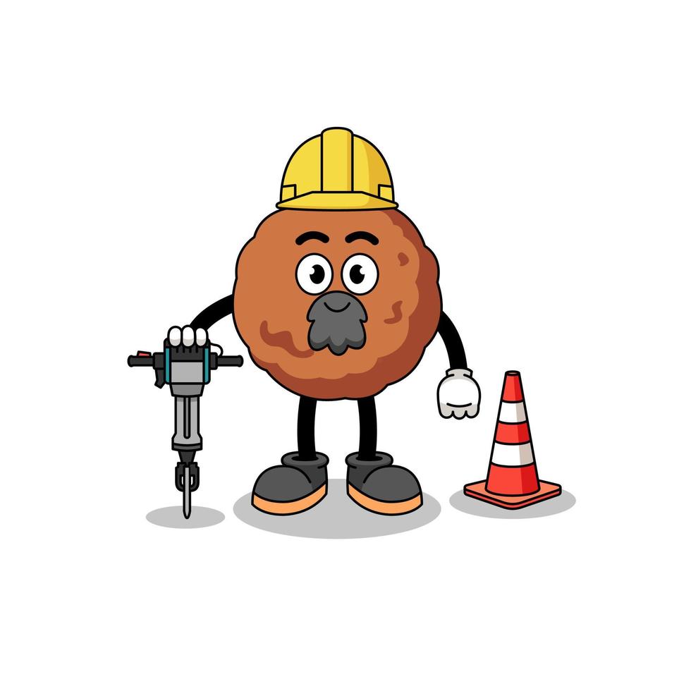 caricature de personnage de boulette de viande travaillant sur la construction de routes vecteur