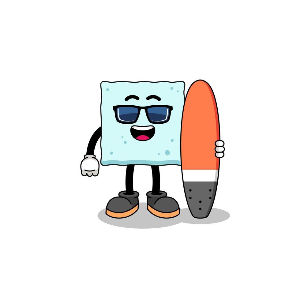 caricature de mascotte de cube de sucre en tant que surfeur vecteur