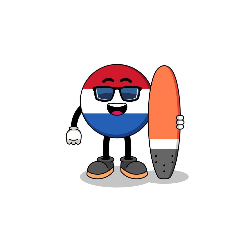 caricature de mascotte du drapeau néerlandais en tant que surfeur vecteur