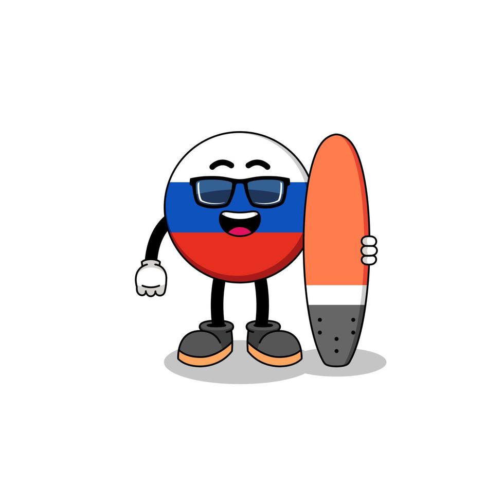 caricature de mascotte du drapeau de la russie en tant que surfeur vecteur