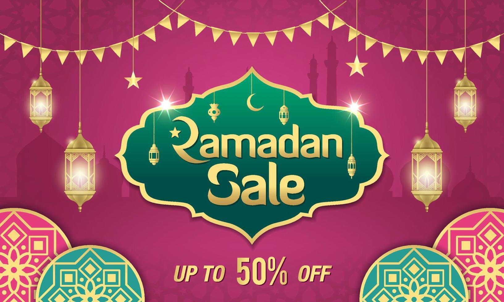 vente de ramadan, en-tête web ou conception de bannière avec cadre brillant doré, lanternes arabes et ornement islamique vecteur
