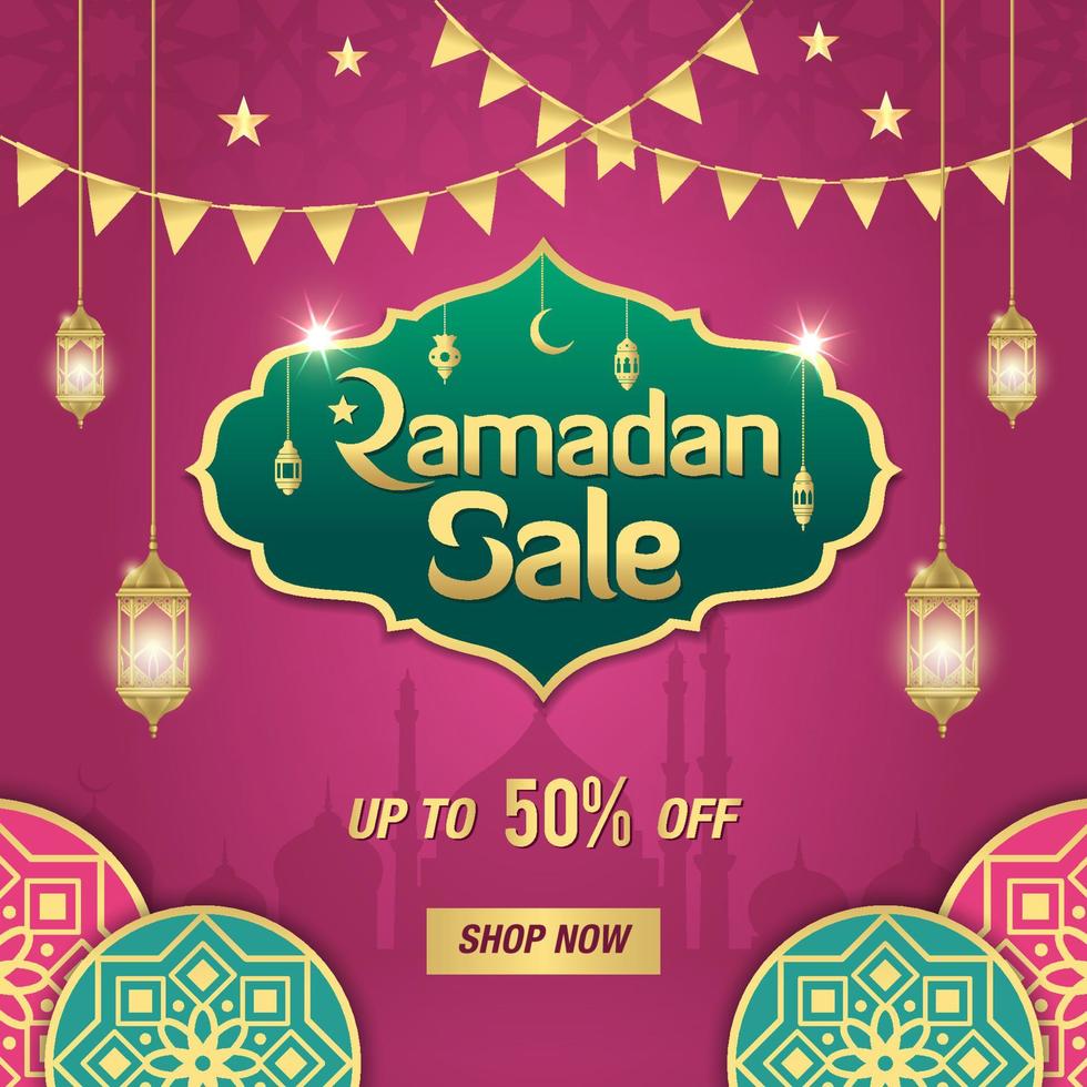 vente de ramadan, en-tête web ou conception de bannière avec cadre brillant doré, lanternes arabes et ornement islamique sur fond violet vecteur