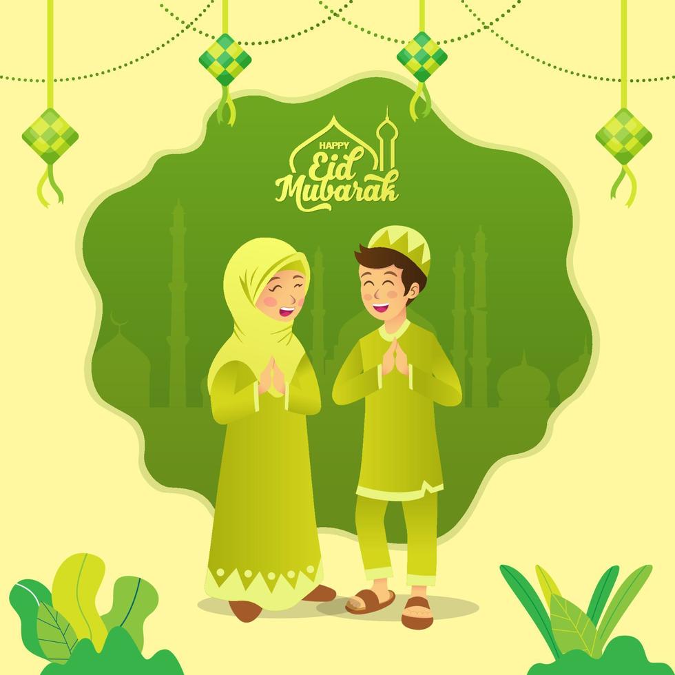 carte de voeux eid mubarak. enfants musulmans de dessin animé célébrant l'aïd al fitr sur fond vert. vecteur