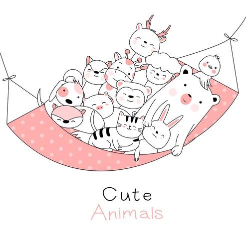 Animaux mignons bébés hamac style dessiné à la main vecteur