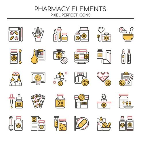 Ensemble d&#39;éléments de pharmacie fine ligne de couleur vecteur