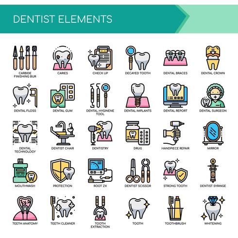 Ensemble d&#39;icônes et d&#39;éléments dentaires de fine ligne de couleur vecteur