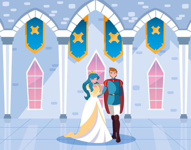 princesse et prince dans le conte de fées du château vecteur