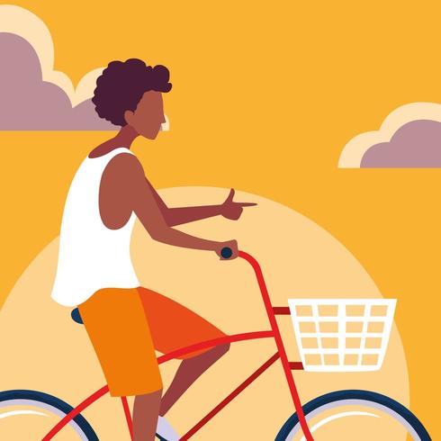 jeune homme à vélo avec ciel orange vecteur