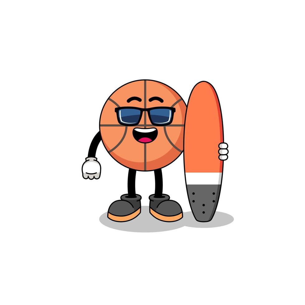 caricature de mascotte de basket-ball en tant que surfeur vecteur