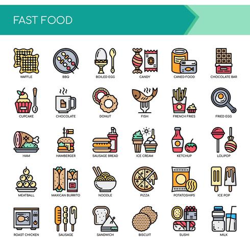 Ensemble de couleur Thin Line Fast Food Icons vecteur