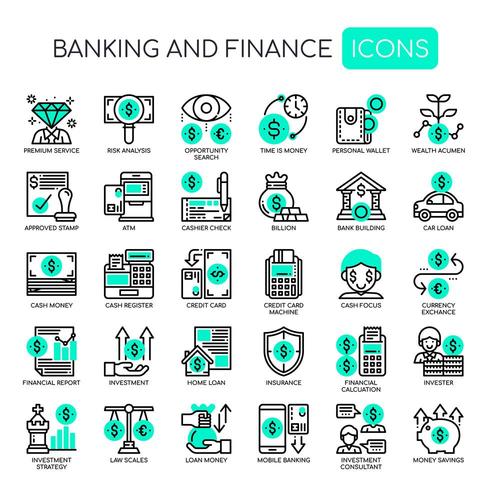 Ensemble d&#39;icônes monochromes mince ligne bancaire et finance vecteur