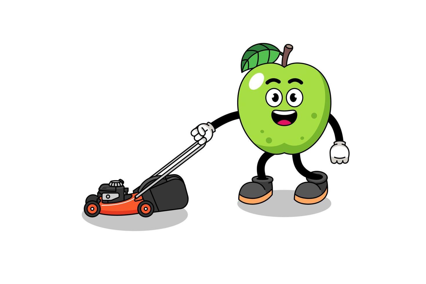 pomme verte illustration dessin animé tenant une tondeuse à gazon vecteur