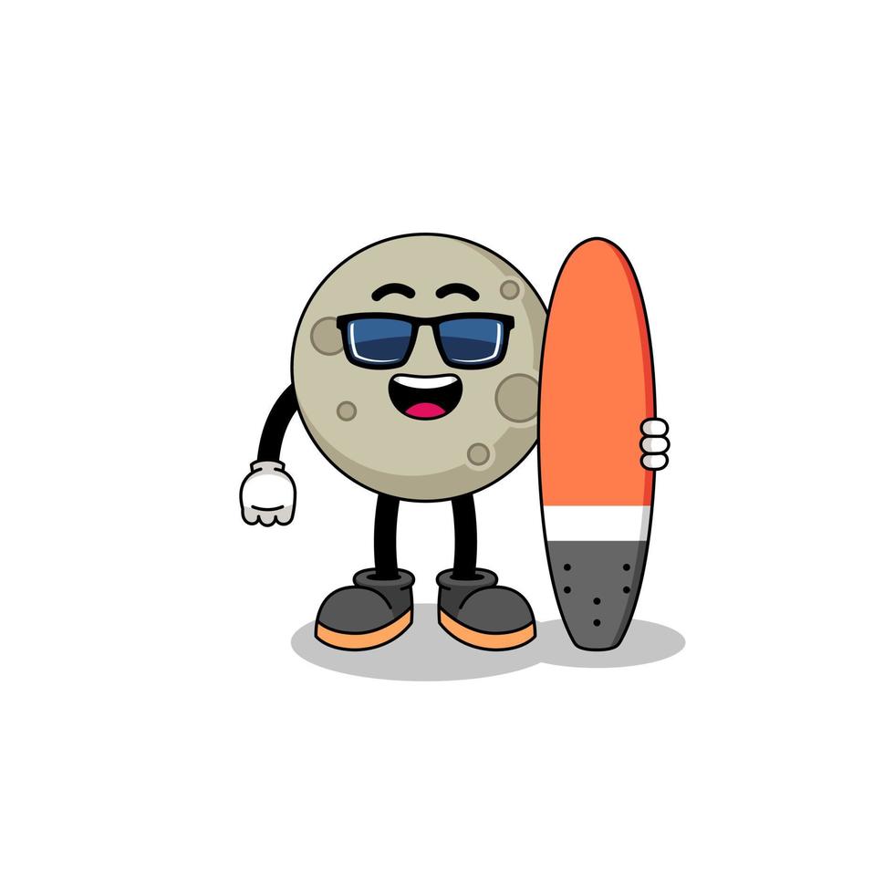 caricature de mascotte de lune en tant que surfeur vecteur