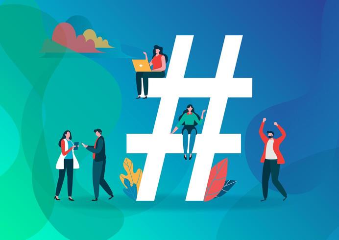 Symbole Hashtag et groupe de personnes sur les médias sociaux. vecteur