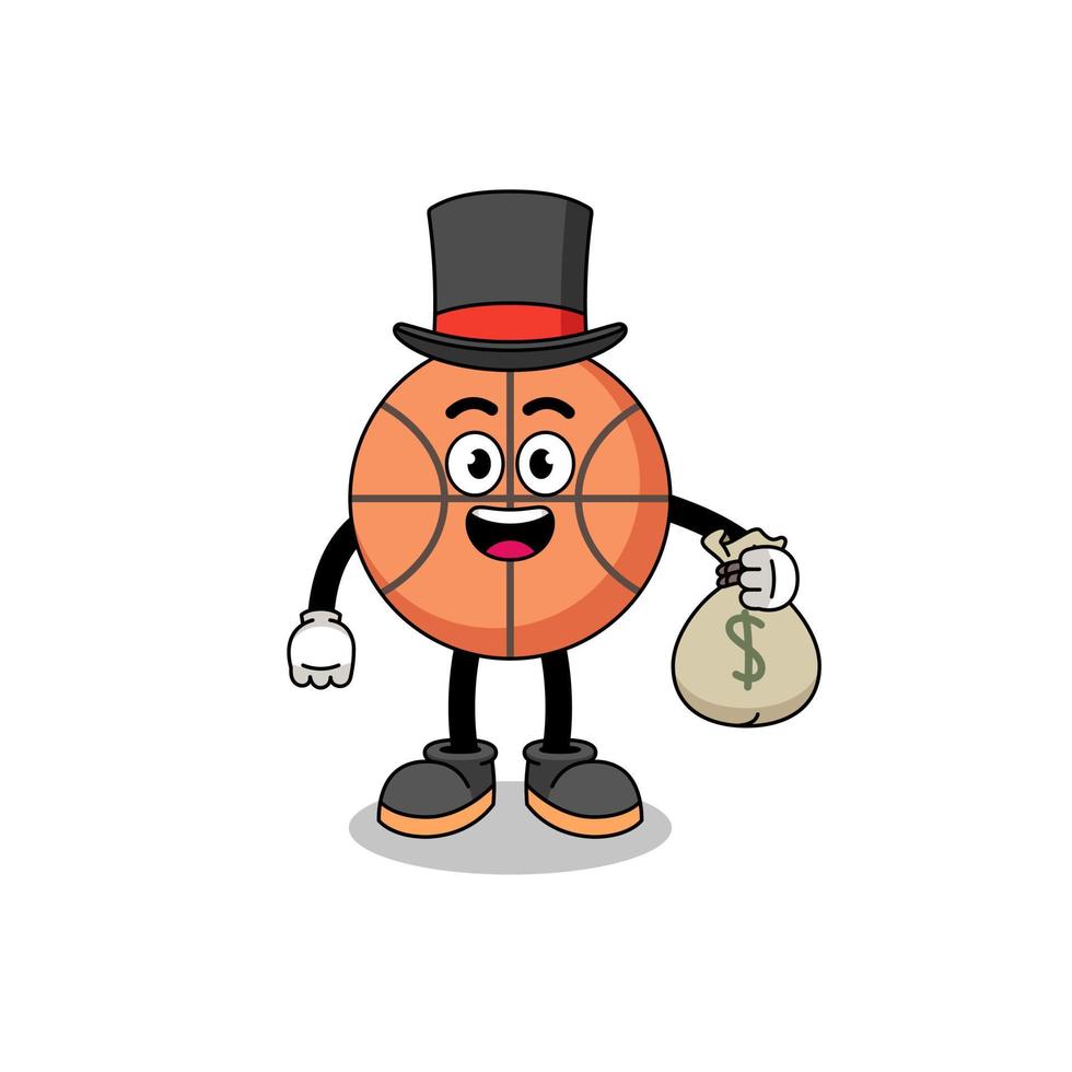 illustration de mascotte de basket ball homme riche tenant un sac d'argent vecteur