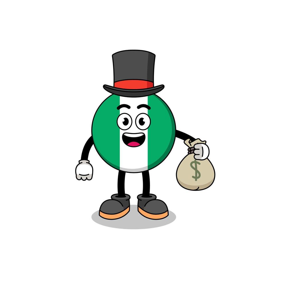 illustration de mascotte drapeau nigeria homme riche tenant un sac d'argent vecteur