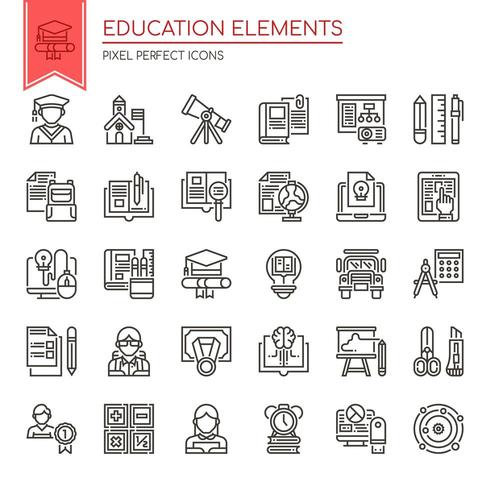 Ensemble d&#39;éléments d&#39;éducation ligne mince noir et blanc vecteur