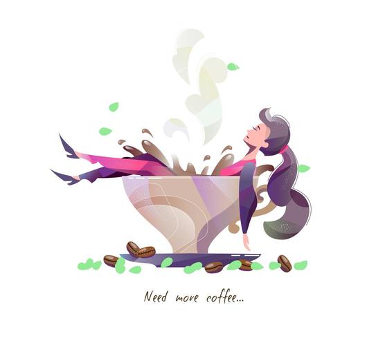 Concept style plat avec femme se trouvant dans une grande tasse de café. vecteur